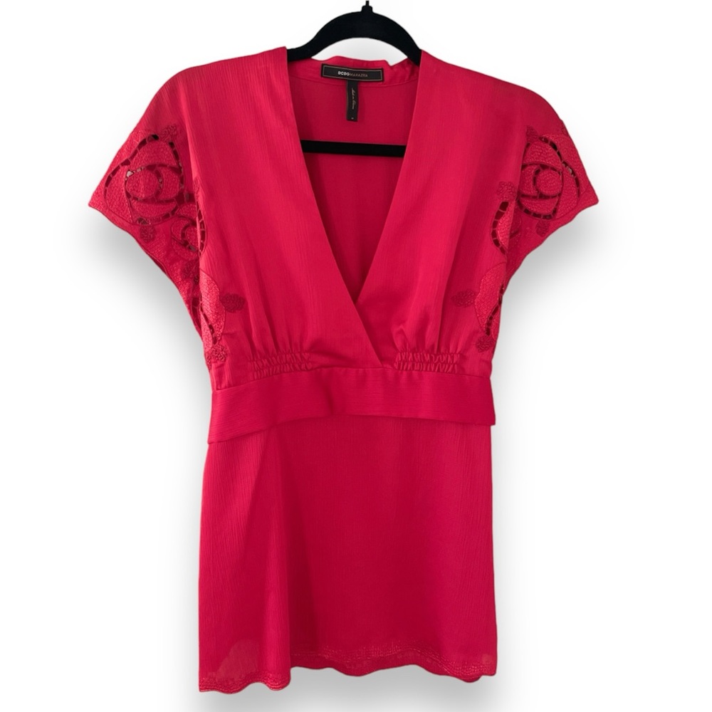 BCBG MAXAZRIA Blouse with Lace Cap Sleeves
